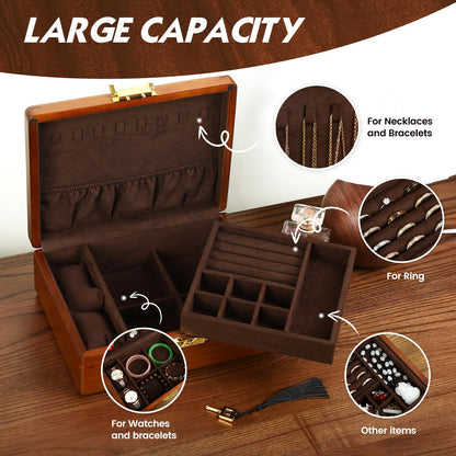 LIBOLXSP Solid Walnut Wood Jewelry Box with Lock,2 Layer Velvet Lined for Earrings Rings Necklaces Bracelets Watches,Both Style and Security, for Men Women,Vintage Brown