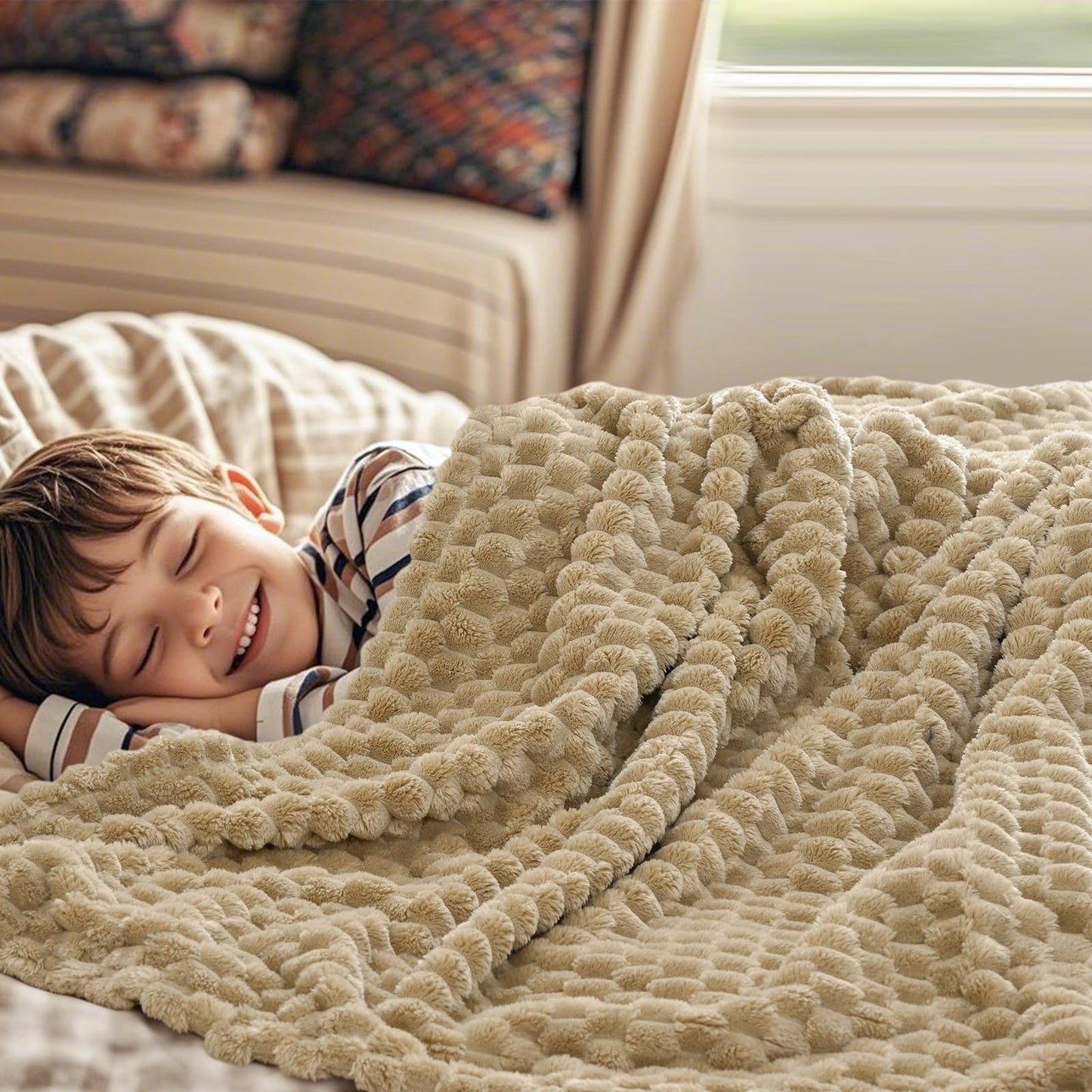 PHF Ultra Soft Flannel Fleece Throw Blanket, Lightweight 3D Jacquard Fleece Blanket, No Shedding, No Pilling, Luxury 340GSM Fluffy Cozy Throws for Couch Room Decor, 50"x60", Khaki