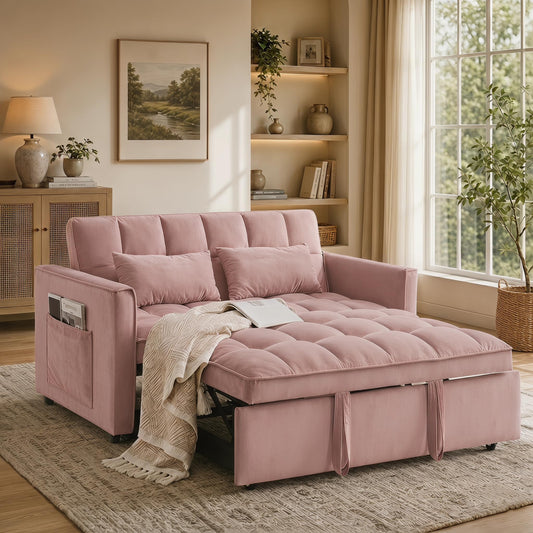 NicBex Sleeper Sofa Bed, Pull Out Couch Bed with Adjustable Backrest, Velvet Fabric Sleeper Sofa with Side Pocket, Convertible Loveseat Sleeper Sofa for Small Space, Living Room, Bedroom, Pink