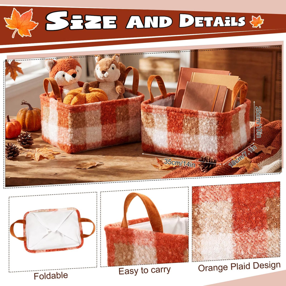 Yiyiring 2 Pcs Orange Plaid Storage Baskets 14x10 Inch Fall Theme Baskets Plaid Laundry Foldable Fluffy Boucle Storage Bin with Handle Autumn Home Decor Closet Organizer for Countertop Tabletop Car