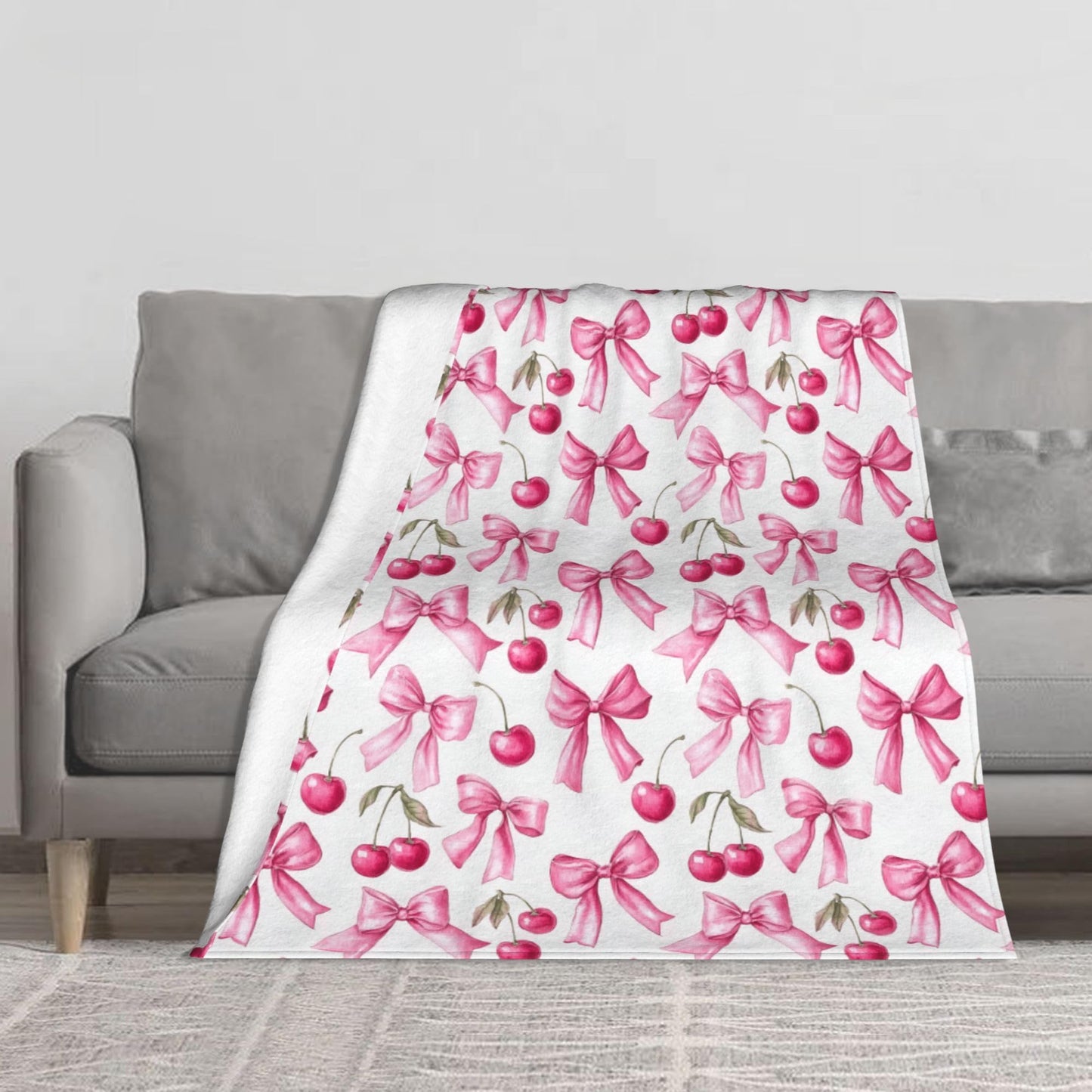 Pink Bow Cherry Flannel Throw Blanket Soft Cozy Blanket for Living Room Couch Sofa Bed 50 x 60 Inches