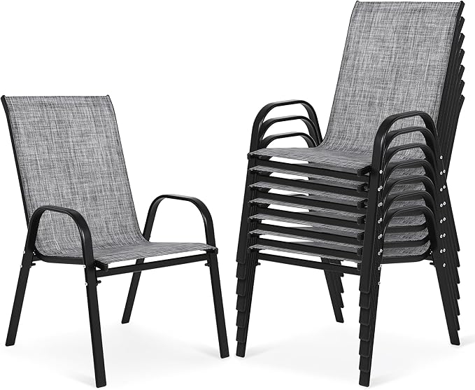 Outdoor Stackable Chairs Set of 8, Stacking Patio Chairs with Textilene Fabric, Outside Furniture for Garden Backyard Balconie Poolside Deck, Grey