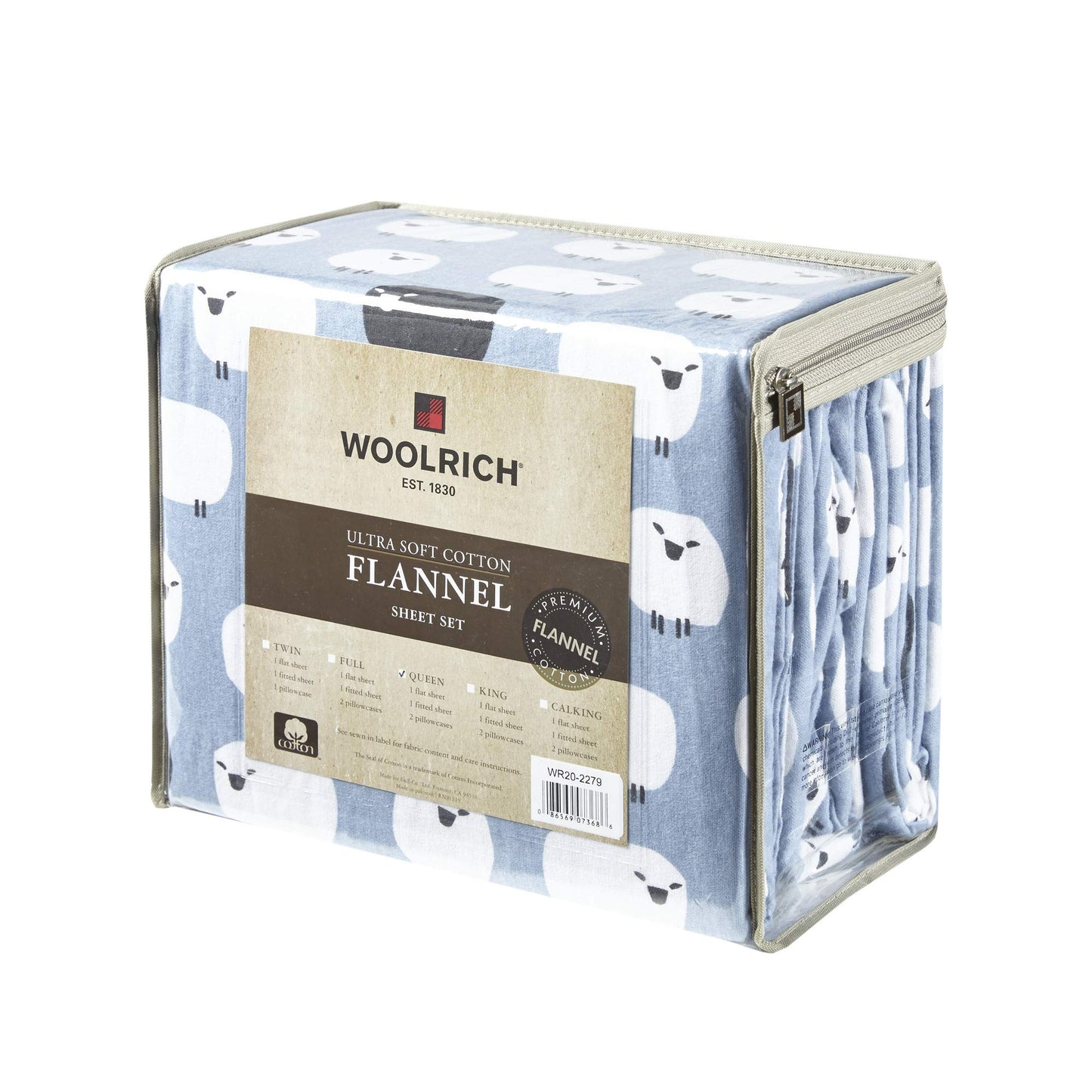 Woolrich Cotton Sheet Set Cottage Charms Print, 100% Cotton Flannel Sheets Warm & Fuzzy Bedding Set Queen Size Sheets, Fitted Pocket Fits Up to 14" Mattress, Queen Blue Sheep, 4 Piece