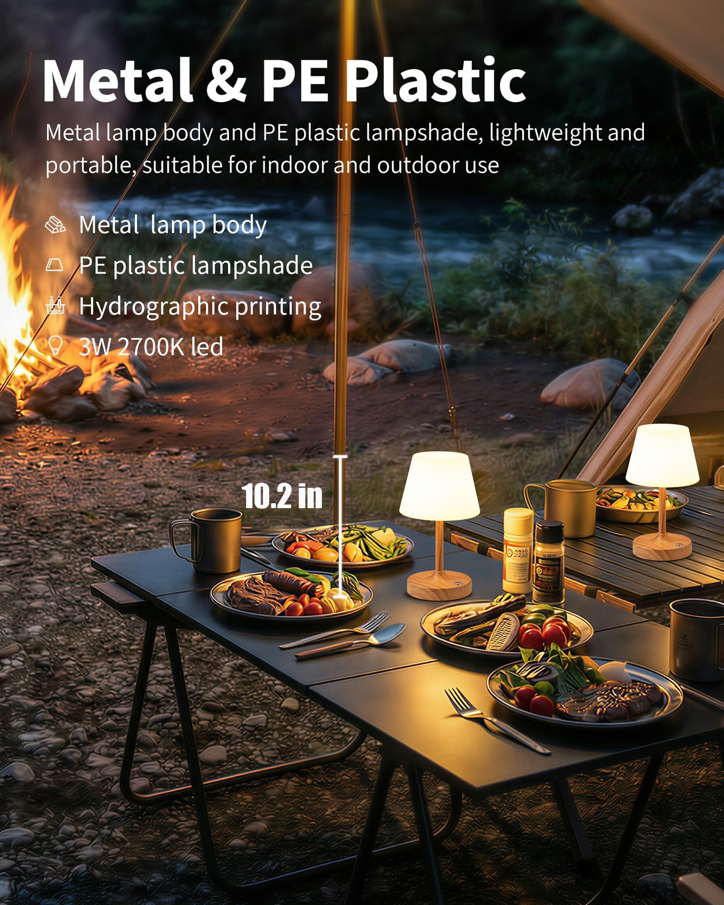 PUSU Cordless LED Wood-Grain Small Table Lamp, Waterproof Shower Light with 4000mAh Battery, Portable Rechargeable Touch Dimming Night Light for Bathroom, Outdoor Camping, Kitchen, Patio, Restaurant