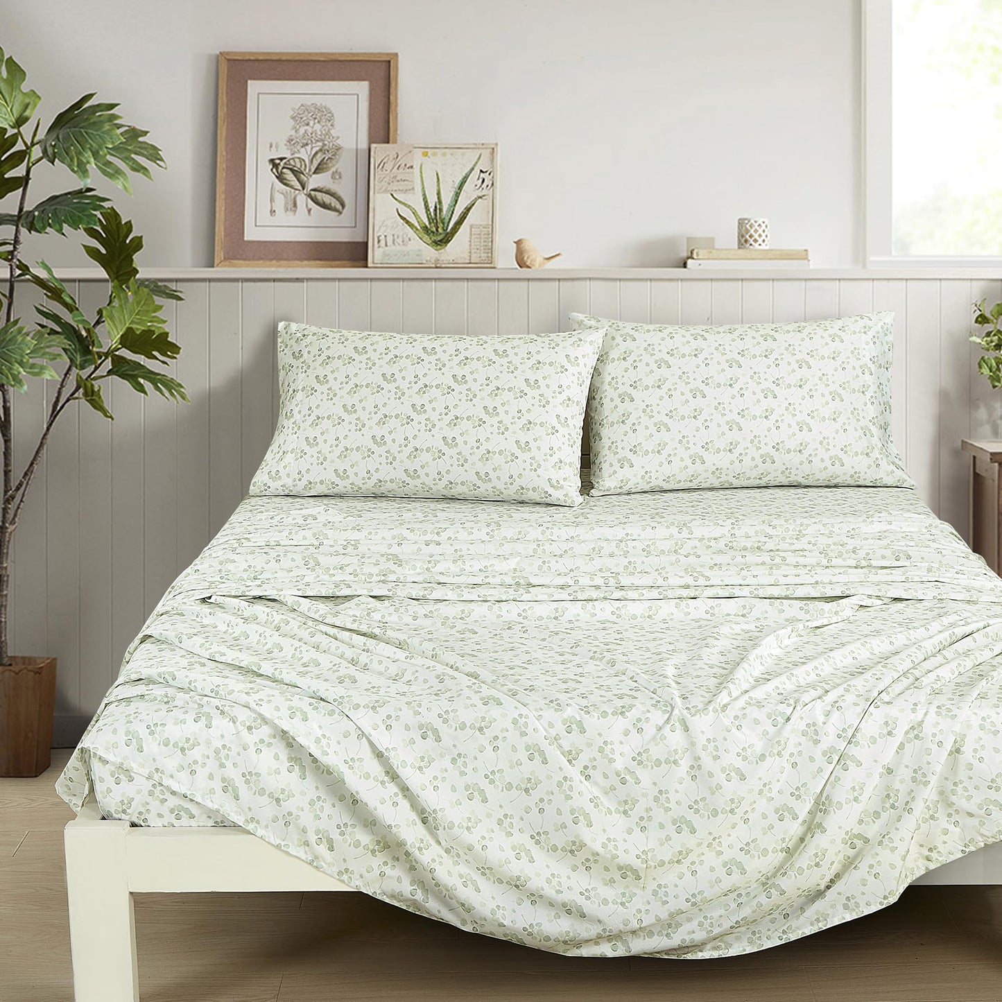 Chezmoi Collection Arbor 4-Piece Floral Bed Sheet Set - Soft Green White Printed Microfiber 14-Inches Deep Pocket Sheets & Pillowcases Set, California King