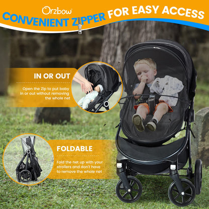 Orzbow Universal Mosquito Net for Pram, Breathable Pram Sun Shade w/UPF 50+, Pram Mosquito Net w/Blackout Cover, Two Way Zipper for Easy Access (Black)