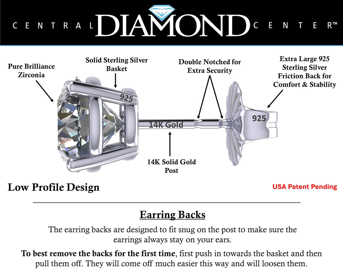 Central Diamond Center 14K Solid Gold Post & Sterling Silver 4 Prong CZ Stud Earrings - Platinum Plated - 10.0mm - 8.00cttw