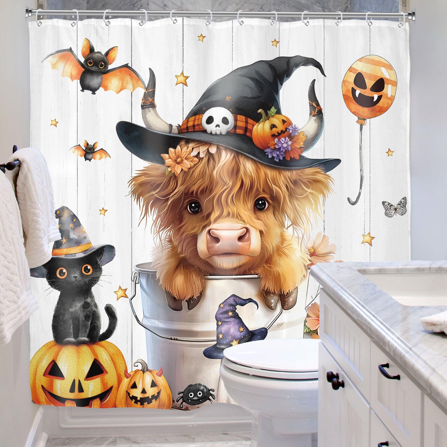 Riyidecor Halloween Highland Cow Pumpkin Autumn Fall Shower Curtain for Bathroom Decor 72Wx72H Funny Cute Cat Bat Ghost Floral Cool Art Printed Fabric Polyester Waterproof 12 Pack Plastic Hooks