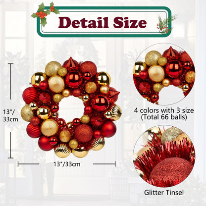 Christmas Ball Wreath 13" Xmas Wreaths Ornaments Glitter Thicken Shatterproof Garland Decoration for Door Wall Mantel Holiday Party Decor, Gold & Red