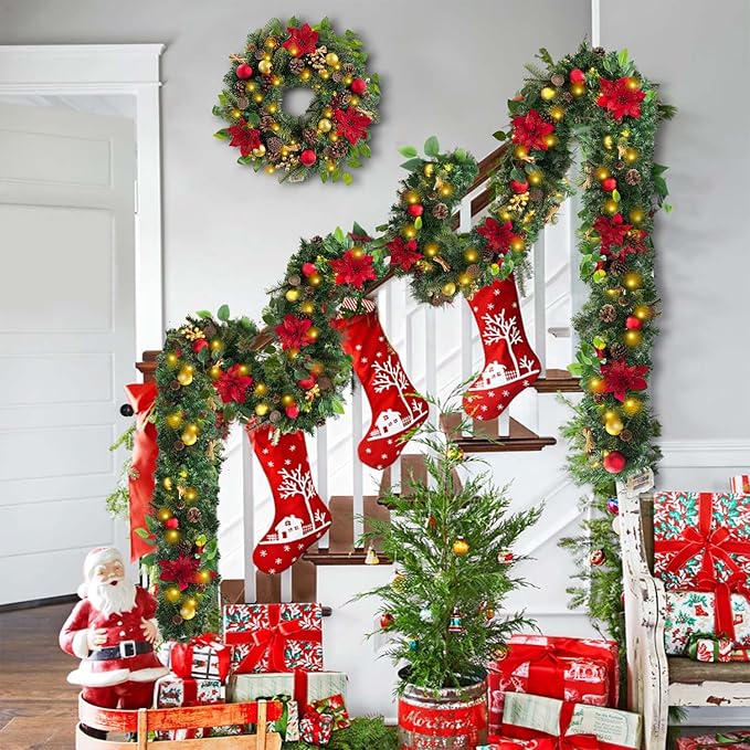 WANNA-CUL Pre-Lit 24 Inch Lighted Christmas Wreath for Front Door Luxury Red Gold Christmas Door Wreath Decoration with Ball Ornaments, Poinsettia Flowers,Berries, and Lotus, Battery Operated 30 LED