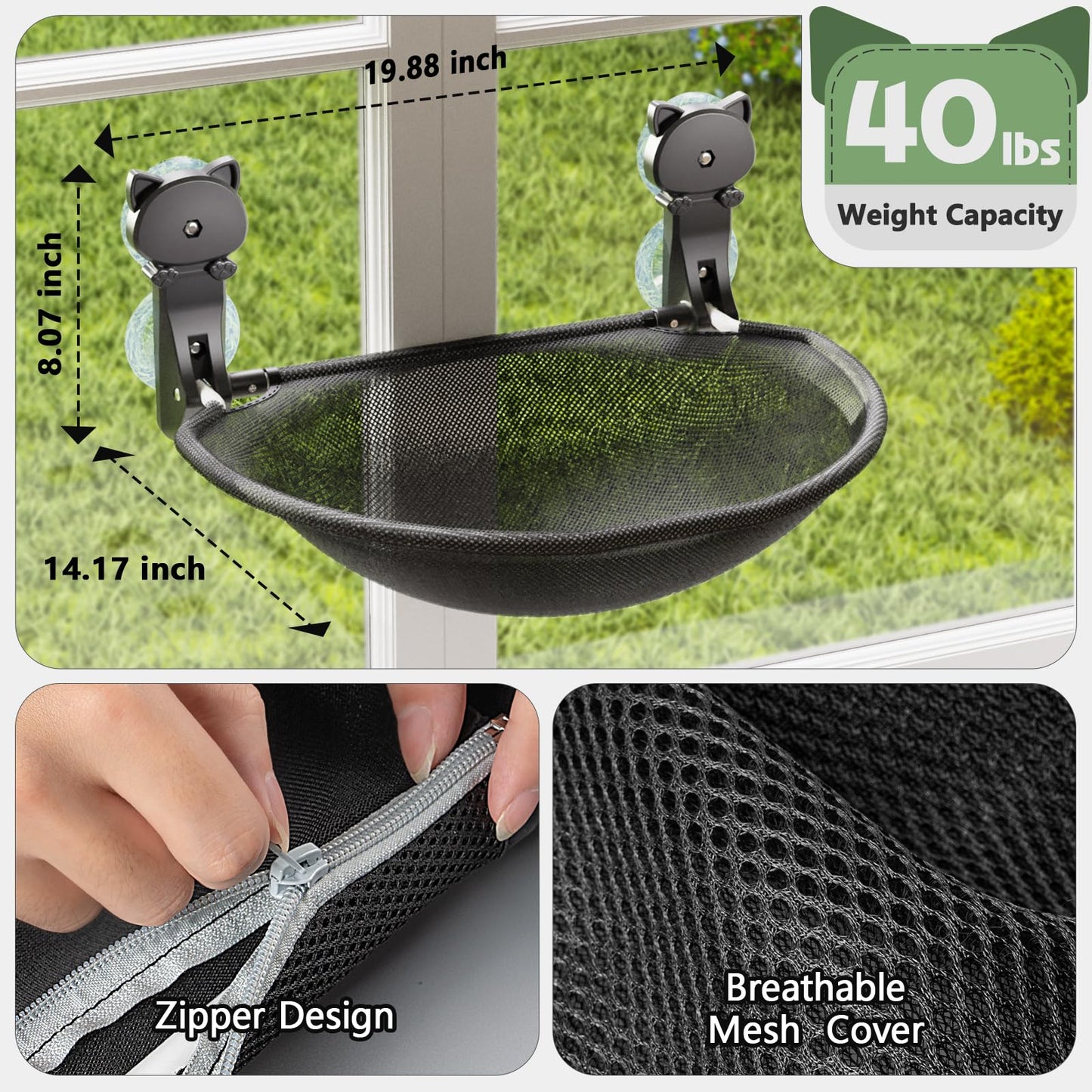 JUNSPOW Cat Window Perch Cordless, Foldable & Stable Kitten Beds- Breathable Cat Window Hammock for Overlooking, Sunbathing and Climbing - Maximum Hold Up to 40lb