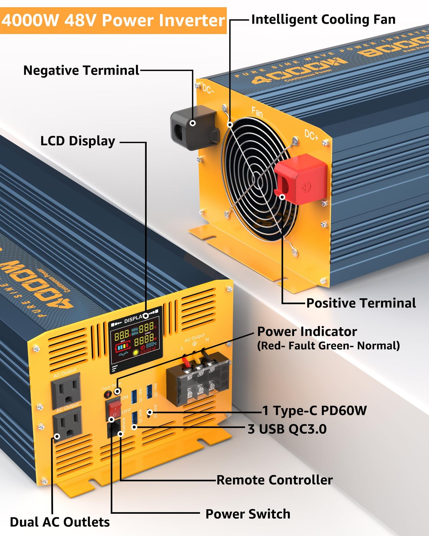MWXNE 4000W Pure Sine Wave Power Inverter DC 48V to AC 110V 120V for Home RV with Dual AC Outlets 1 USB-C(60W) 3 USB-QC3.0 Fast Car Charger Adapter, LCD Display and Remote Control