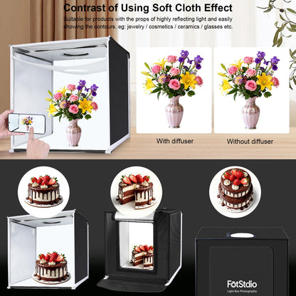 FotStdio 16x16 Inch Photo Studio Light Box Photography with 144 LEDs (CRI>95) & 6 Backdrops, Portable/Dimmable Folding Shooting Tents for Toys/Jewelry/Watches/Cosmetics/Food
