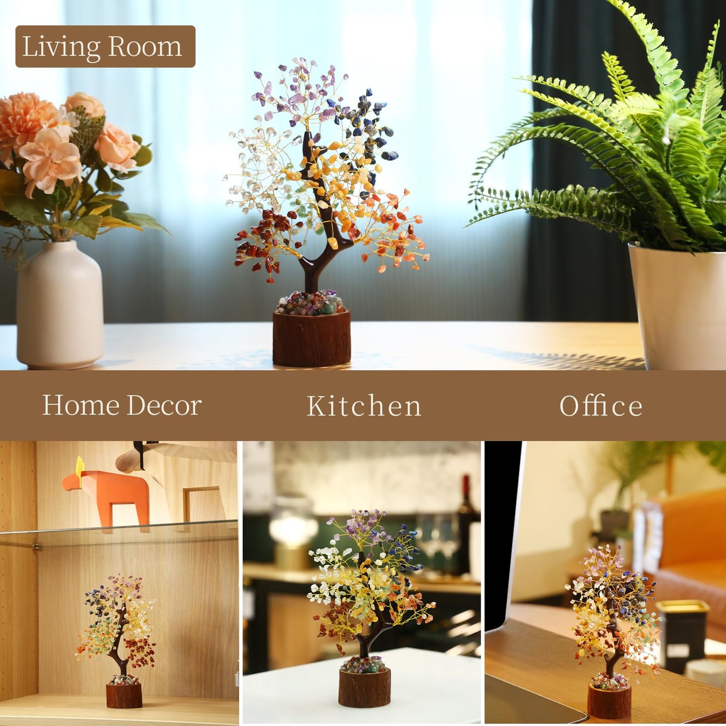 Crystal Tree of Life with Chakra Stones - Healing Crystals Decor for Desk & Home, Housewarming Gifts for New Home, Unique Birthday Gifts for Women, Sisters, Friends (7 Chakra Tree Wooden Base)
