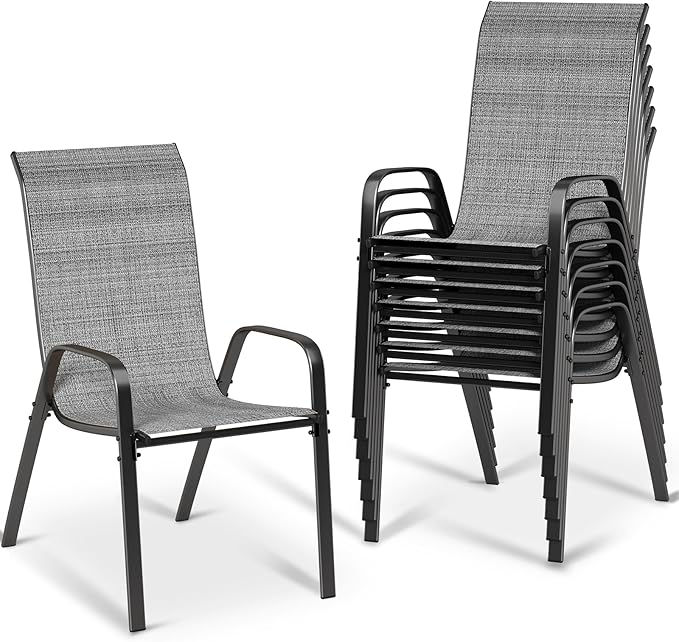 MAMIZO Patio Dining Chairs, Stackable All Weather Teslin Chair, Heavy Duty Outdoor Breathable Chairs Set, w/Armrests, Upgraded Chair FeetW/Strenthened Iron Spacers, 330 LBS (8, Grey)