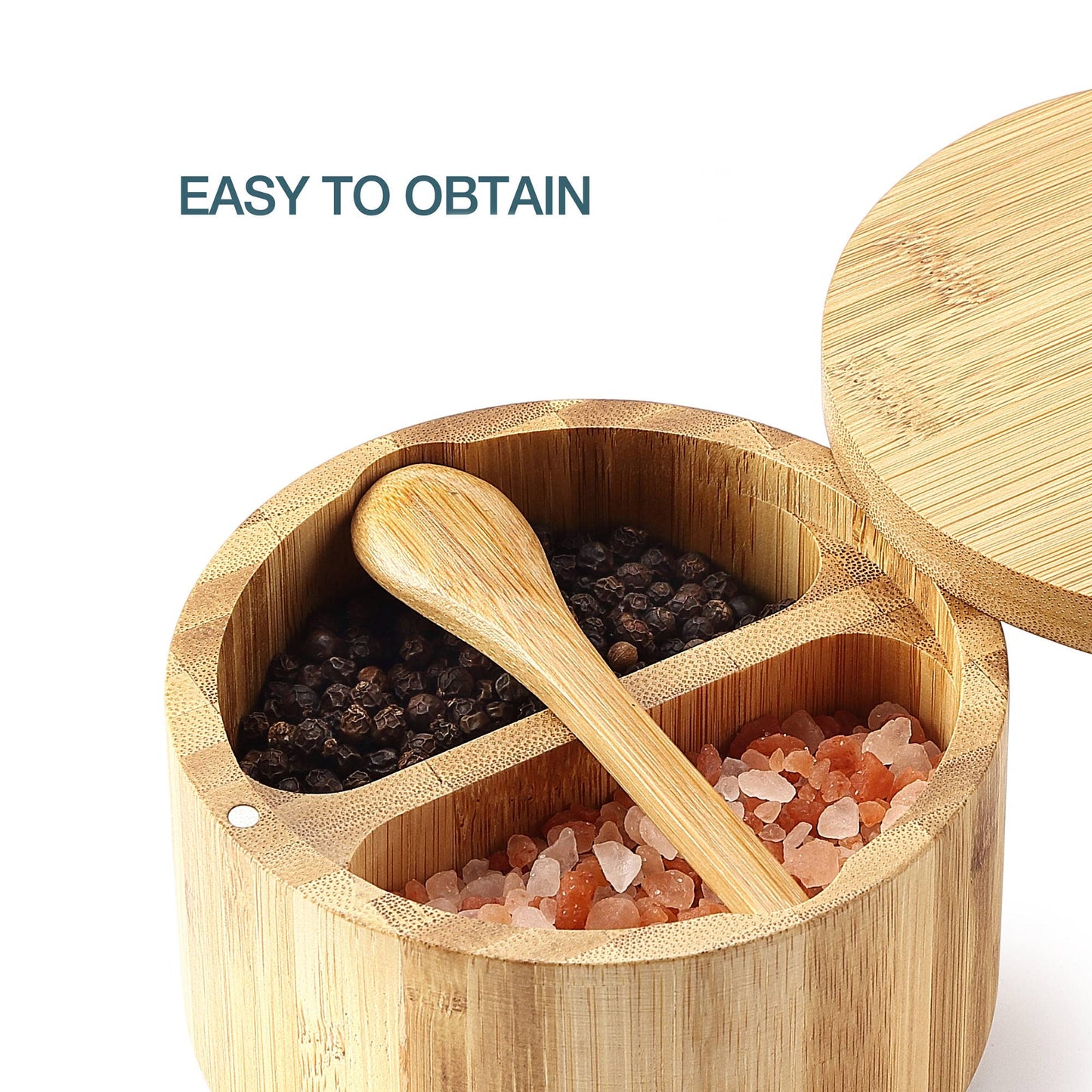 8SOM Bamboo Salt and Pepper Box with Swivel Lid, Embedded Spoon, Magnetic Closure Lid to keep the dust out, Salt Cellar Bowl Container to Storage Pepper Spice Herb Sea Salt, Dual 5 Oz Capacity