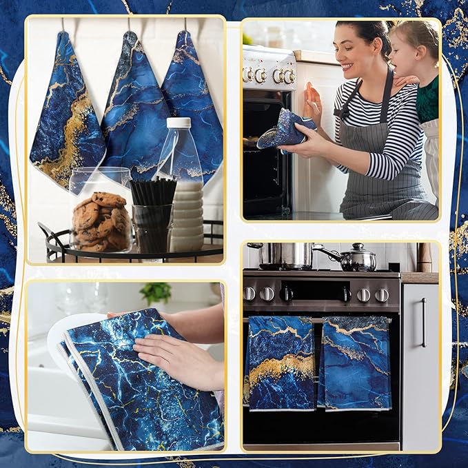 Boyiee 6 Pcs Marble Hand Towels Blue and Gold Towels Navy Blue Kitchen Towel