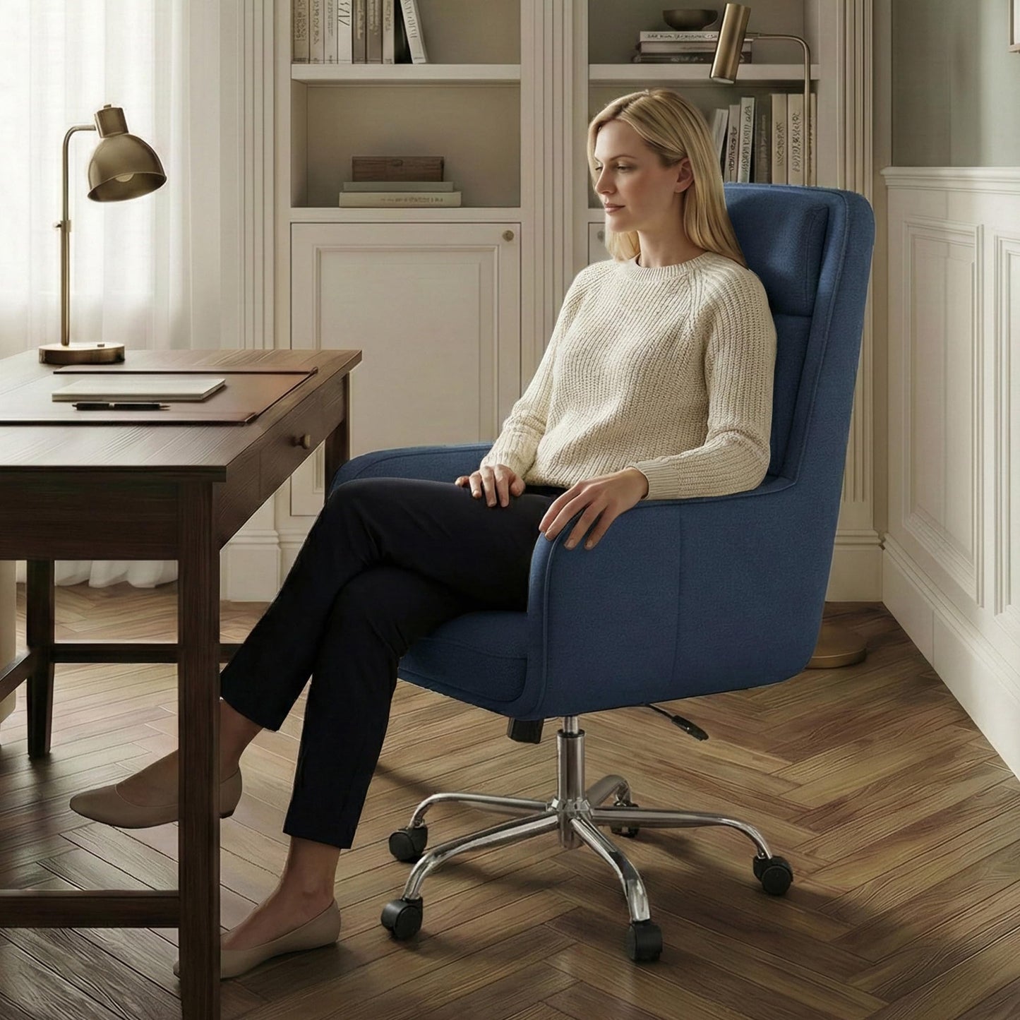 COLAMY Cocoon Modern Executive High Back Home Office Chair, Upholstered Desk Chair with Wheels, Vanity Chair with Head and Lumbar Support, Armrest (Blue)
