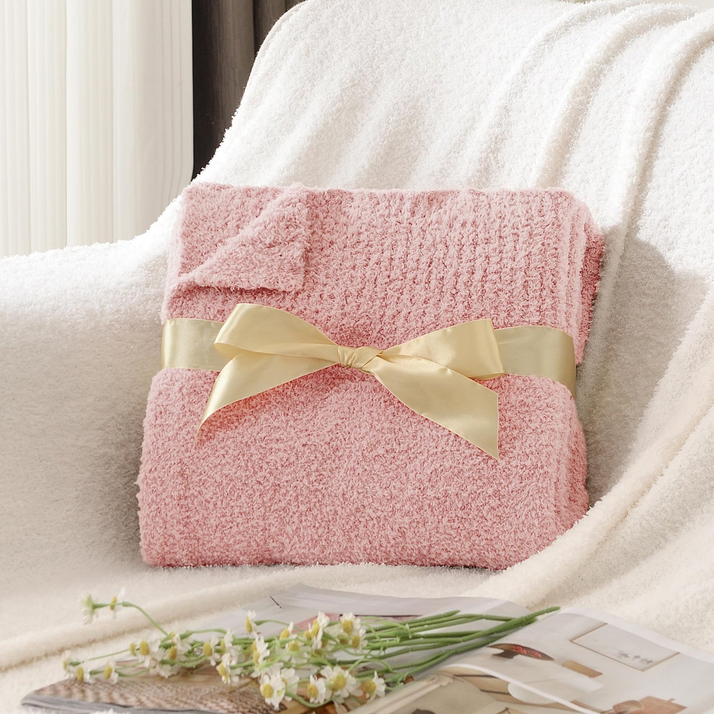 JOOJA Light Pink Throw Blanket, Soft Fluffy Fuzzy Knit Blanket for Couch Bed Sofa, Cozy Plush Warm Blanket for Bedroom Living Room, Spring Home Decor, 50x60 Inches