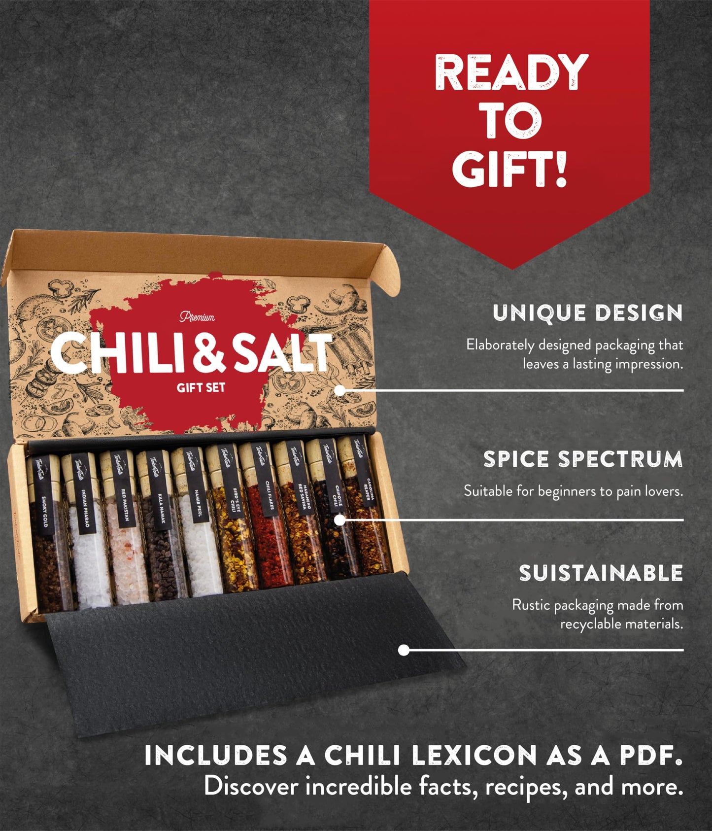 TIMBER TASTE® Salt & Chili Gift Set for Men - 5 Gourmet Sea Salts & 5 Hot Chili Varieties [UP TO 1,200,000 SCOVILLE] | Gift Baskets Men Foodie | Husband Brother Dad Birthday Gift | Day Father