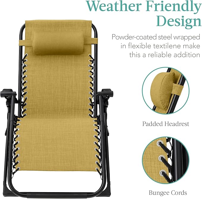 Best Choice Products Oversized Zero Gravity Chair, Folding Outdoor Patio Recliner, XL Anti Gravity Lounger w/Removable Cushion, Cup Holder, Side Tray, 350lb Capacity - Sunflower Yellow