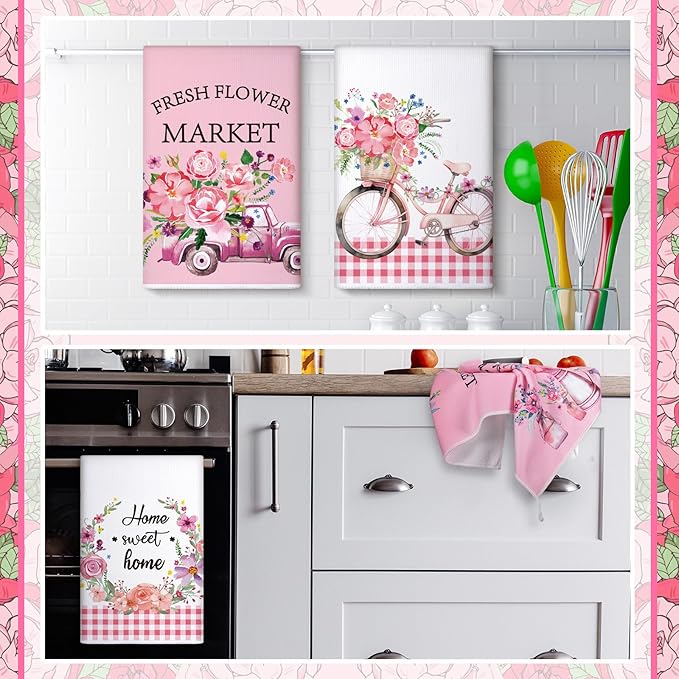 Geyoga 6 Pcs Spring Floral Kitchen Towels Flamingo Dish Hand Towels Sunflower