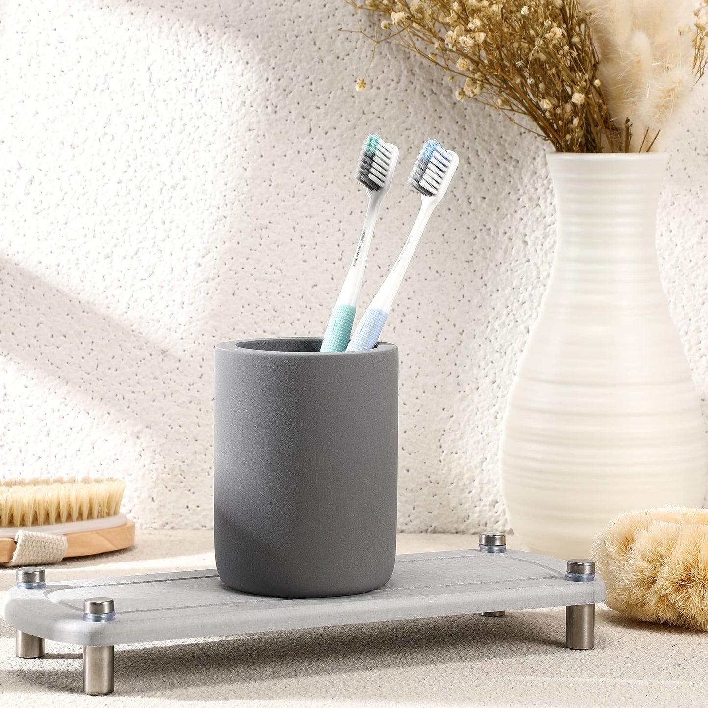 Diatomite Toothbrush Holder, BOJDOPIE Water Absorption Quick Drying Bathroom Countertop Organizer, Stand Cup for Toothpaste Makeup Brushes Razors (Grey)