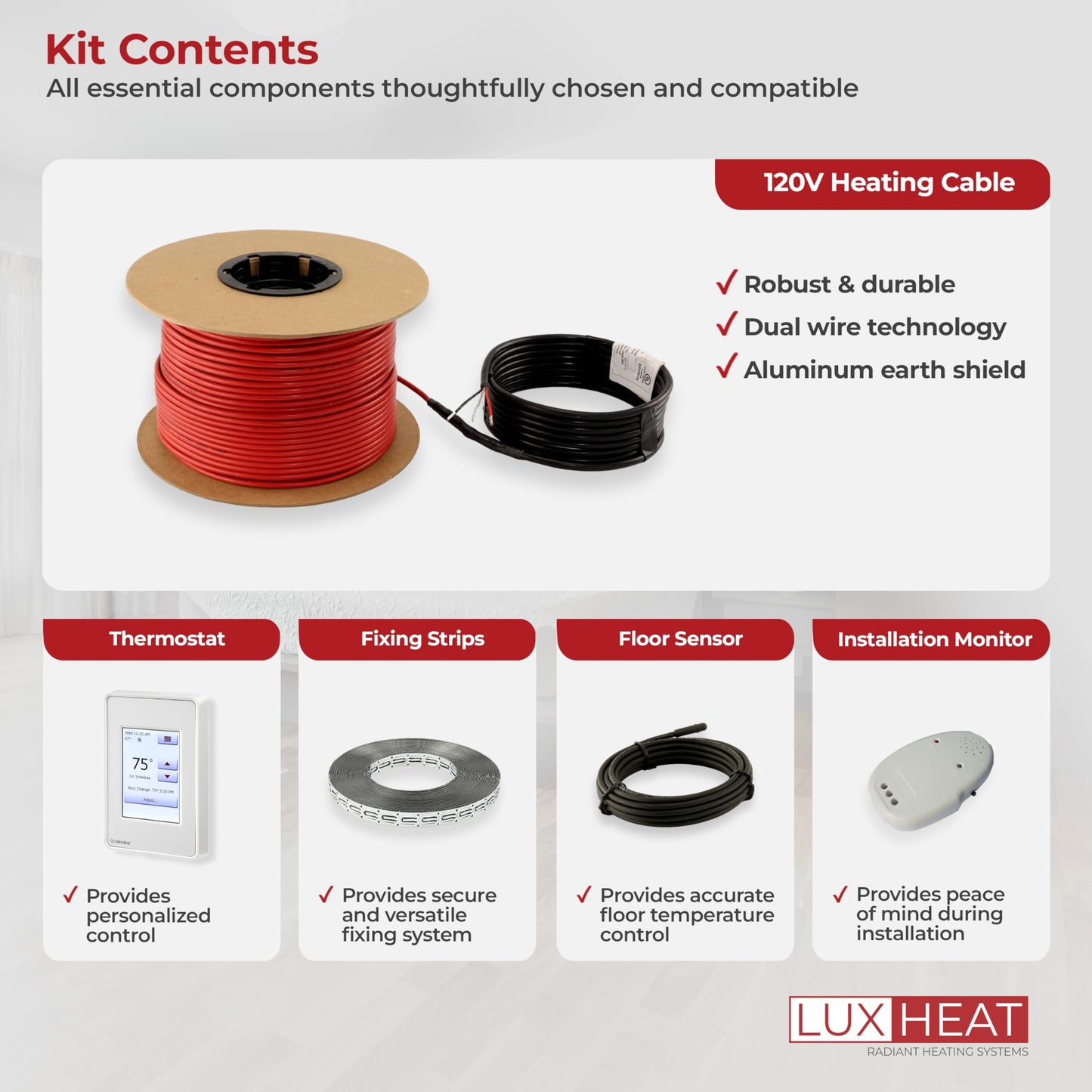 LuxHeat 30sqft Floor Heating Cable Kit - 120v Heated Floor Kit for Tile - Heated Flooring System Includes UDG4 Programmable Thermostat w/GFCI, Electric Heating Cable, Strapping, Sensor & Alarm