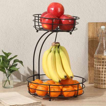 Gibson Home Harvest Season Two-Tier Fruit Basket with Banana Hanger – Black Metal Countertop Produce Stand – Kitchen Storage Organizer for Apples, Oranges, Bananas – Durable Iron Wire Frame