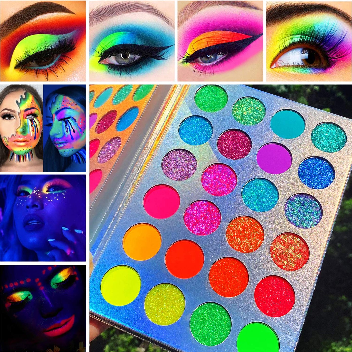 Afflano Neon Makeup Palette - Glow in the Dark Eyeshadow, Highly Pigmented, UV Blacklight Eye Shadow Palette with Red, Orange, Pink Pressed Glitter Eyeshadows