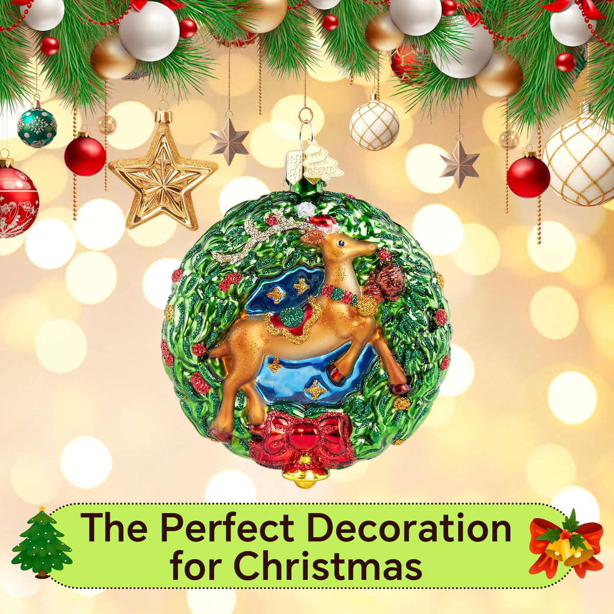 Hzyc Glass Christmas Ornament,Reindeer Wreath Ornament,Christmas Decoration