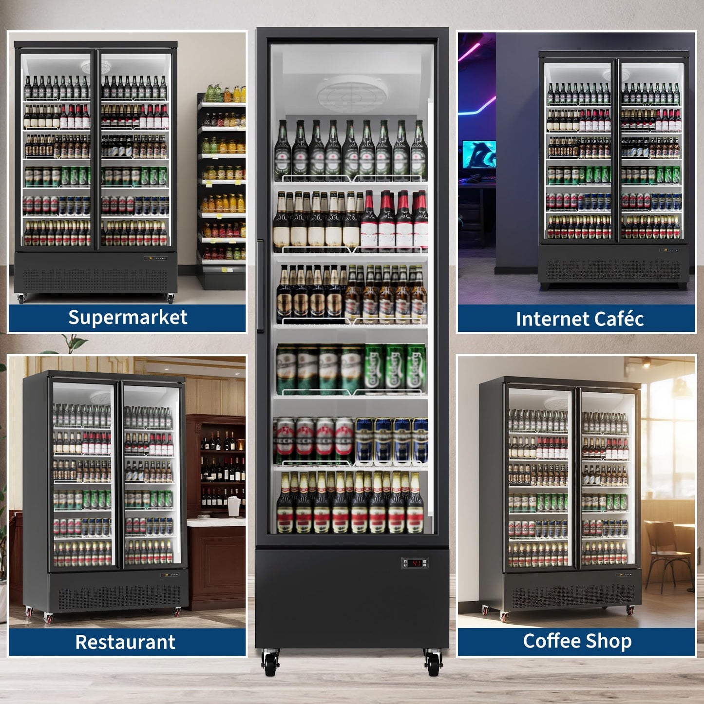 13.4 CF Commercial Refrigerator Display Refrigerator, Glass Door Upright Fridge, Cooler with Adjustable Shelves, Beverage Refrigerator for Shop, Restaurant, Store, Kitchen Appliances, Black