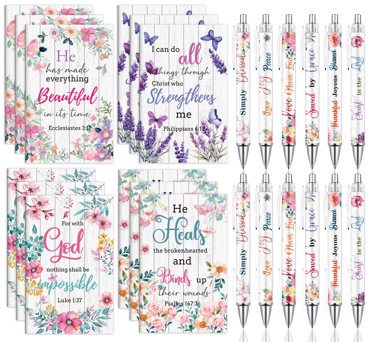 Wxiben Christian Inspirational Gifts Bulk - 24PCS Bible Verse Pens Scripture Notebooks Floral Motivational Ballpoint Pens Set Positive Religious Easter Gift for Women Men Church Sunday School Teacher