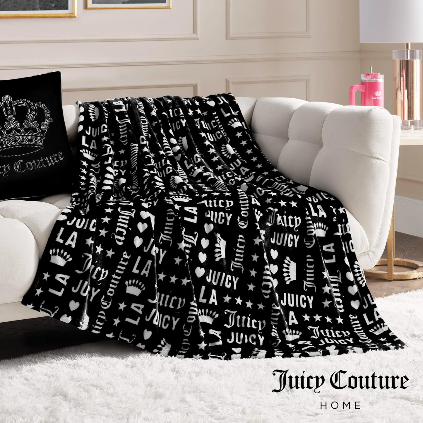 Juicy Couture - Throw Blanket | Crown Royal | Plush and Cozy | Decorative Blankets for Sofas, Chairs and Beds| Luxurious and Soft | Chic Home Decor | Measures 50" x 70" | Black/White