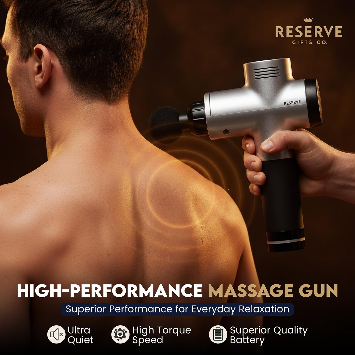 Reserve Gifts Co. Massage Gun Gift with Carrying Case - Deep Tissue Back Massager for Pain Relief with 6 Percussion Relaxation Heads - Silent Brushless Motor, Gift for Wife, Mother (White/Pearl)