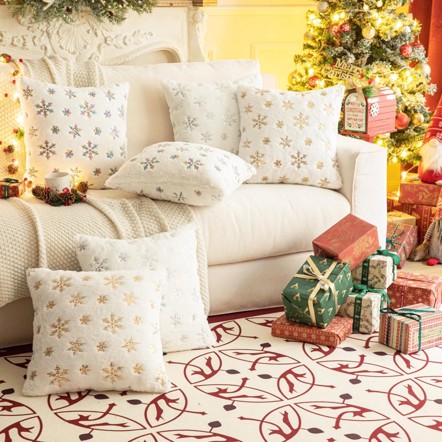 AQOTHES Faux Fur Fuzzy Decorative Throw Pillows Covers, Soft Plush with Snowflake Sequins Glitter Cute Throw Pillows for Christmas Decor Couch Sofa, Silver Ivory White,18 x 18 Inch, Pack of 2