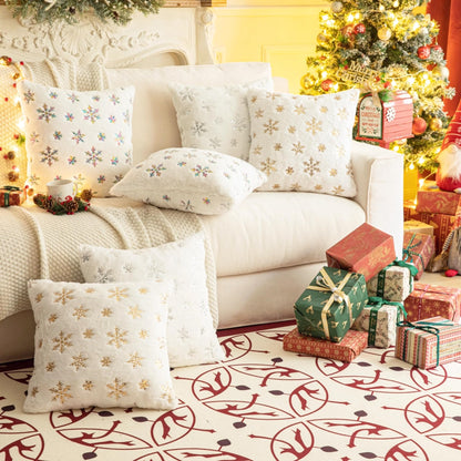 AQOTHES Faux Fur Fuzzy Decorative Throw Pillows Covers, Soft Plush with Snowflake Sequins Glitter Cute Throw Pillows for Christmas Decor Couch Sofa, Silver Ivory White,18 x 18 Inch, Pack of 2