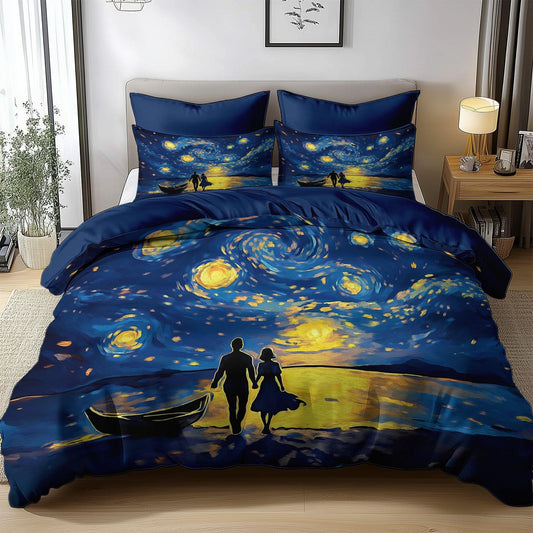 Twin Duvet Cover Set Oil Painting Couple Seaside Soft Microfiber Reversible Comforter Bedding Cover with Zip Tie, Lightweight Breathable Navy, for Boys Girls Teens