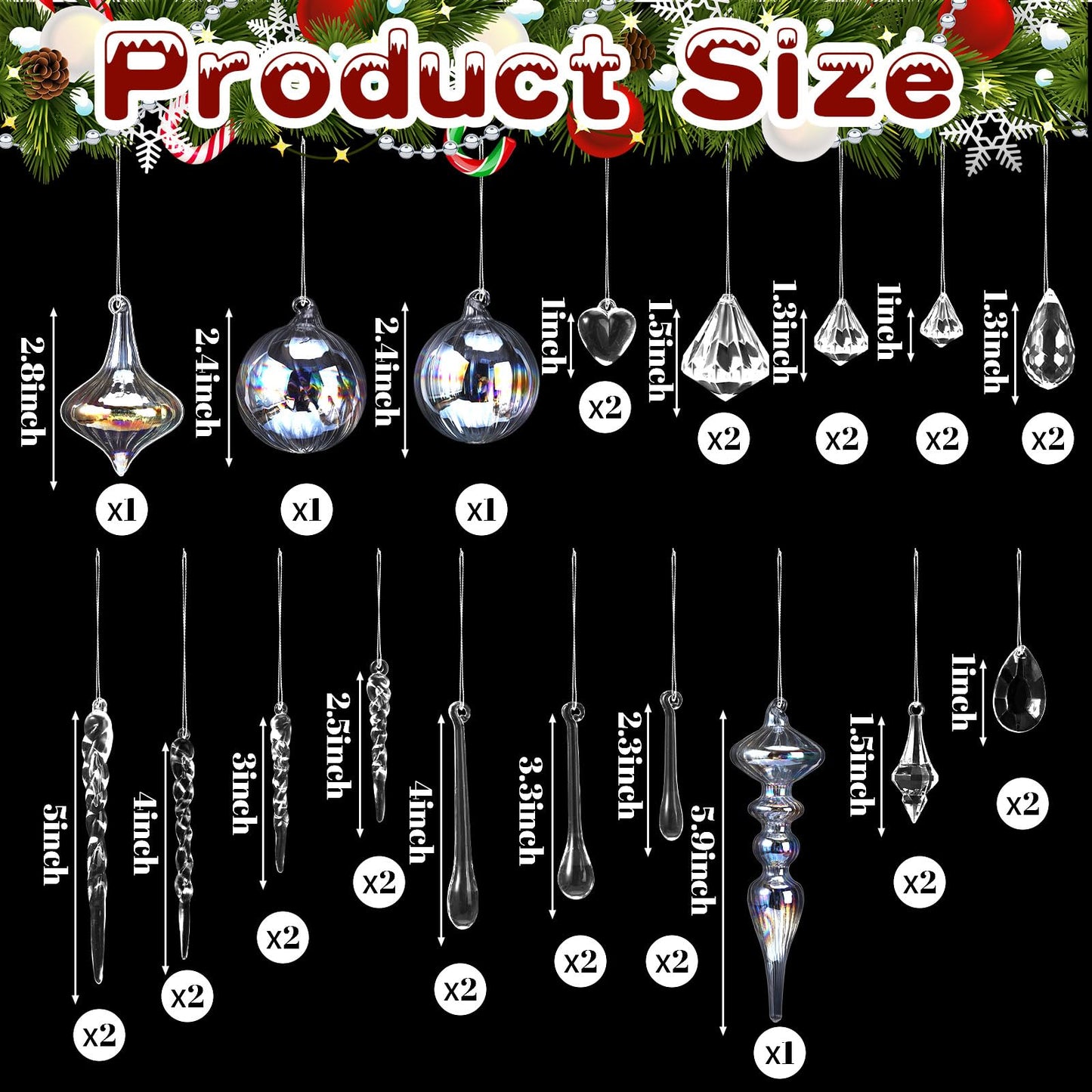 Civaner 32 Pcs Christmas Crystal Ornaments Hanging Clear Glass Plastic Hanging Decor Christmas Icicle Drop Crystal Ornaments for Xmas Tree Winter New Year Party Supplies (Holographic)