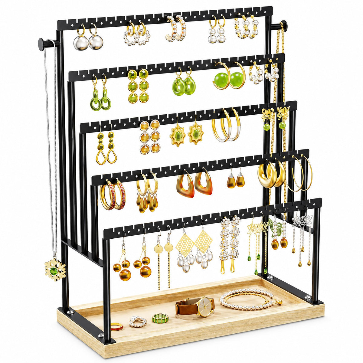 TIPSYTREE 5 Tier Earring Holder Organizer with Attached Wooden Tray, Large Earring Storage for Studs Hoops Dangle Earrings, Black Metal Earring Display Stand for Dresser or Vanity Table