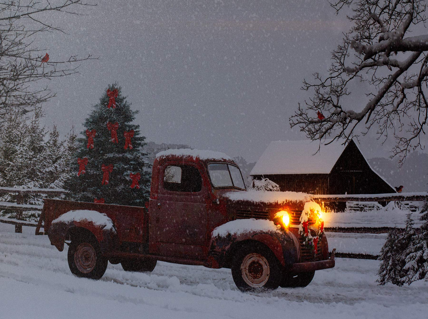 BANBERRY DESIGNS LED Wall Art - Lighted Red Truck Canvas Print - Picture with Christmas Tree and Vintage Lighted Red Pick-Up Truck Winter Scene - Barn and Farmstead Setting - Measures 15.75" x 11.75"