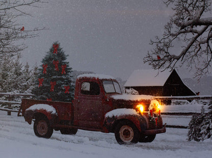 BANBERRY DESIGNS LED Wall Art - Lighted Red Truck Canvas Print - Picture with Christmas Tree and Vintage Lighted Red Pick-Up Truck Winter Scene - Barn and Farmstead Setting - Measures 15.75" x 11.75"