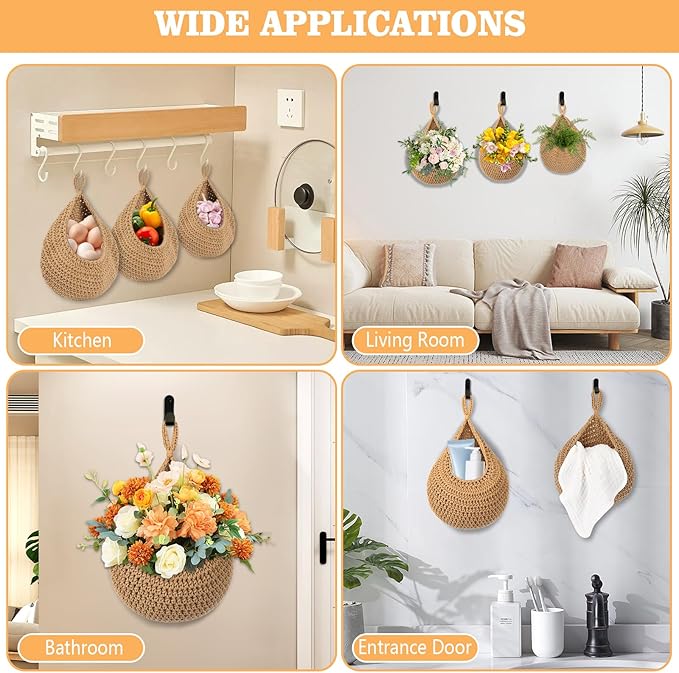 Hanging Fruit Baskets for Kitchen, 3 Pack Boho Wall Hanging Basket for Fruits &