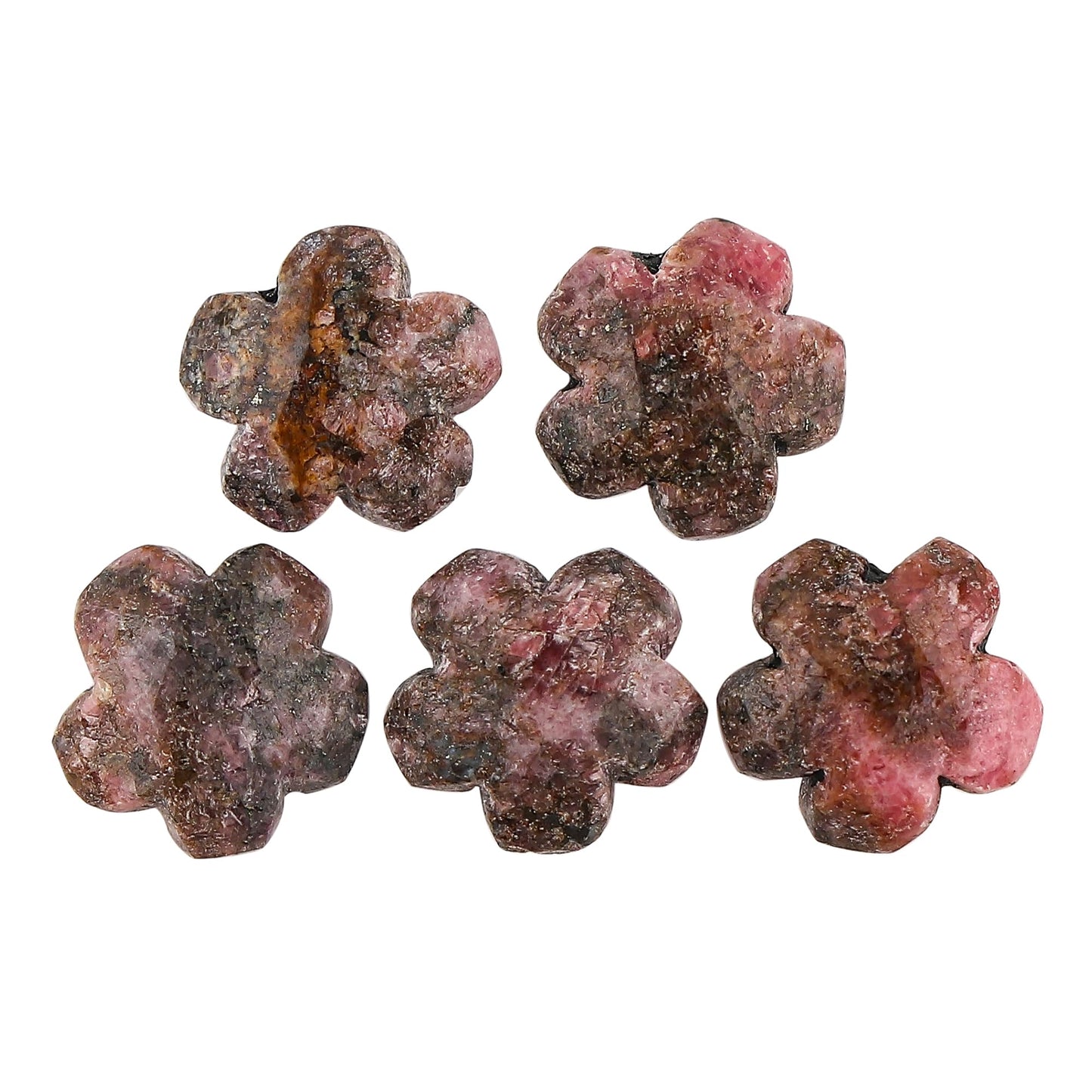 CRYSTALINES 5pcs, Wholesale Natural Rhodonite Gemstones, Bulk Flower Shape Stones, Assorted Loose Supply, DIY Craft-Jewelry Making, Chakra Healing Crystals, Gem Collection, 10-12mm