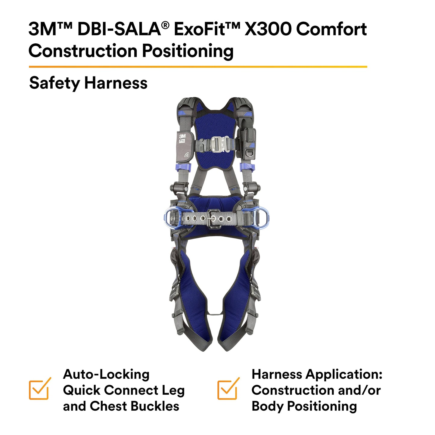 3M 1113130 DBI-SALA ExoFit X300 Comfort Construction Positioning Safety Harness, Construction Fall Protection, Aluminum Back and Hip D-Rings, Auto-Locking Quick Connect Leg and Chest Buckles, X-Large