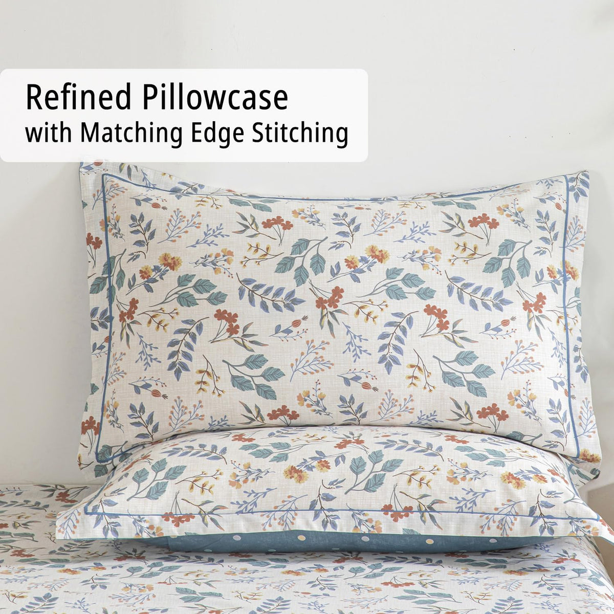 LEMIROE Botanical Cotton Comforter Queen Size - Lake Green Comforter with Dusky Blue & Warm Rust Leaves on Ivory,Reversible Lightweight Bedding Sets 3Pcs(Polka Dot)