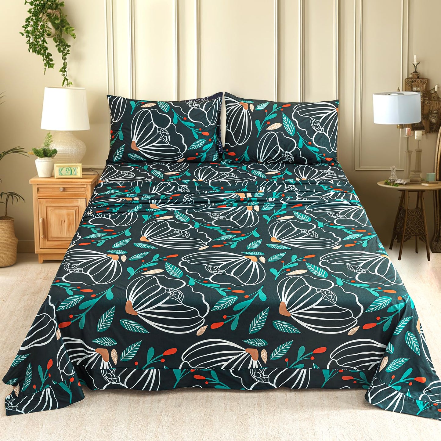 Ramesses Flannel Bedding Sheet Set Full-Polyester Printed Microfiber Plush Flannel Stain Resistant-Soft and Durable-4-Piece Bedding(Green, Full)