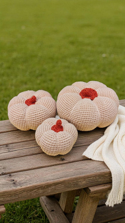 Halloween Decorative Crochet Handmade Pumpkins Set of 3 Tabletop or Shelf Decor, Spooky Fall Table Accent Ivory Tiered Fall Decoration