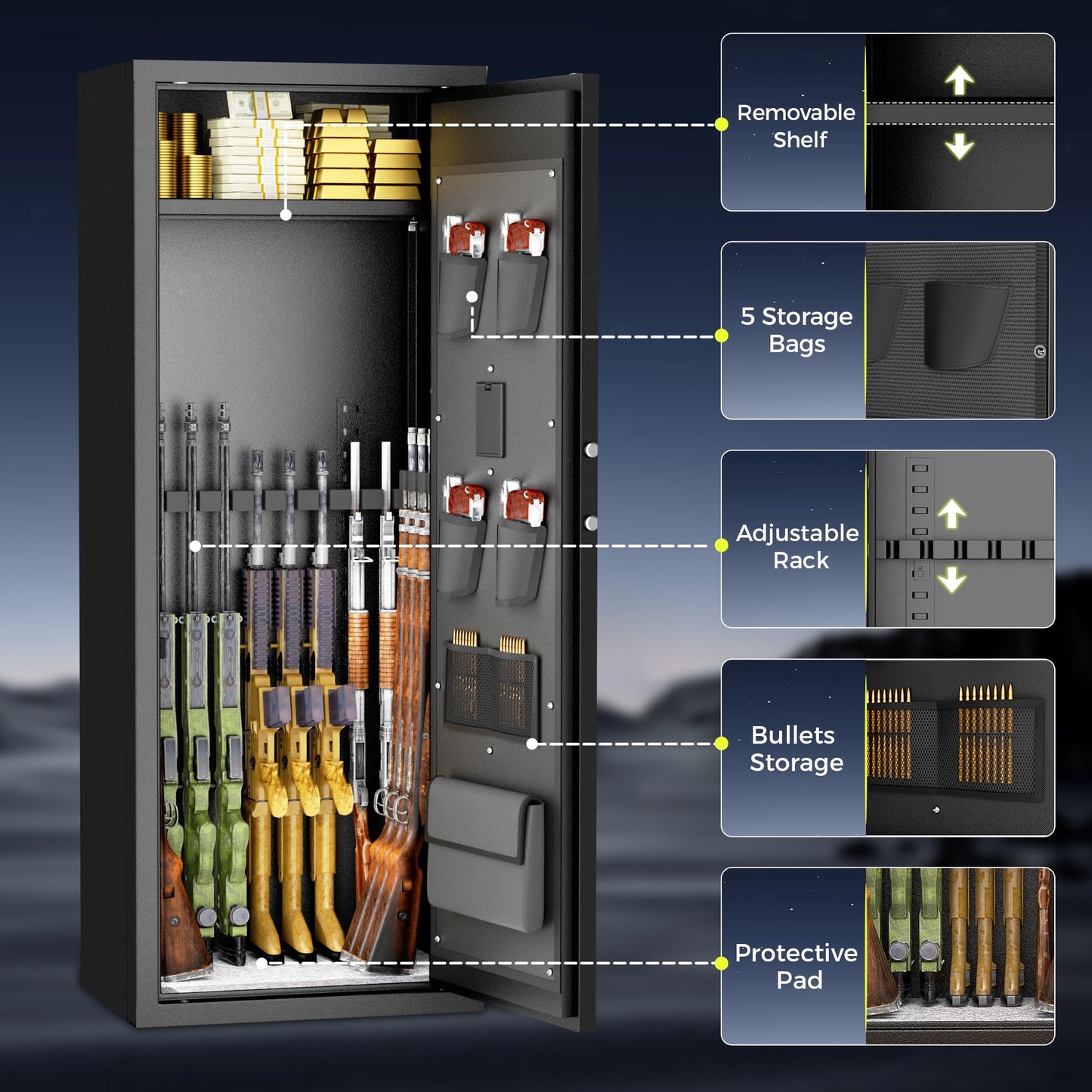 Superday 12-15 Gun Safe for Home Rifles and Pistols, Quick Access Large Gun Safe for Rifles, Gun Cabinets for Rifles and Shotguns with Keyboard Lock, 3 Adjustable Racks, Pockets(Black)