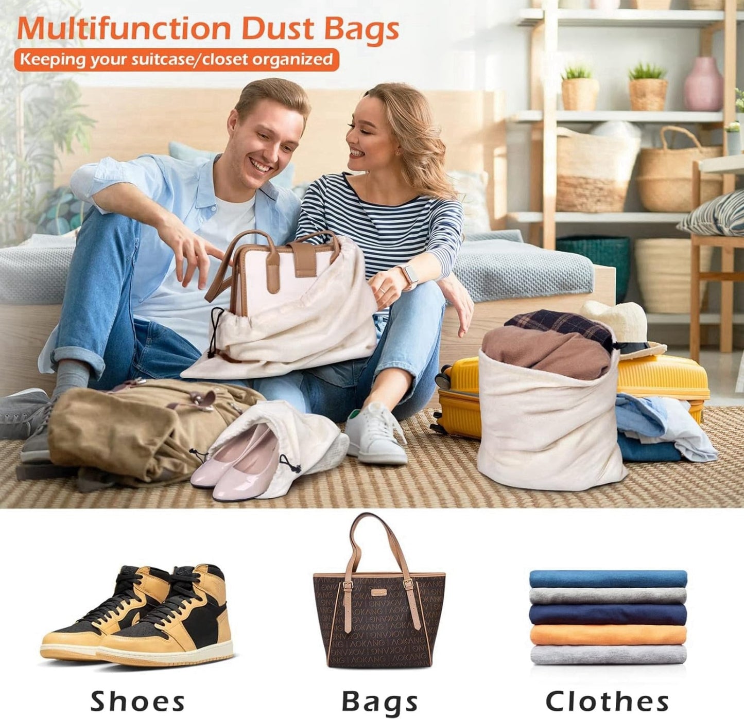 MISSLO Cotton Breathable Dust-proof Drawstring Storage Pouch Bag (Pack 3 L)